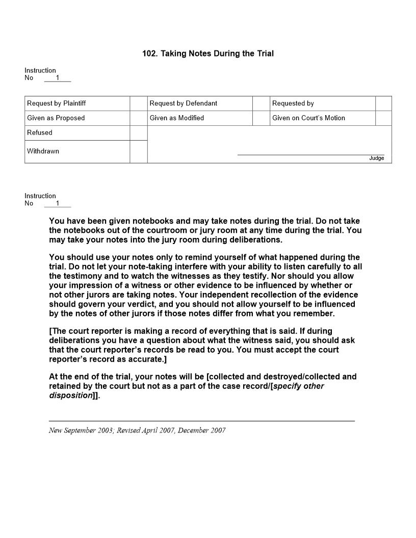102. Taking Notes During the Trial | Pdf Docx | Jury Instructions