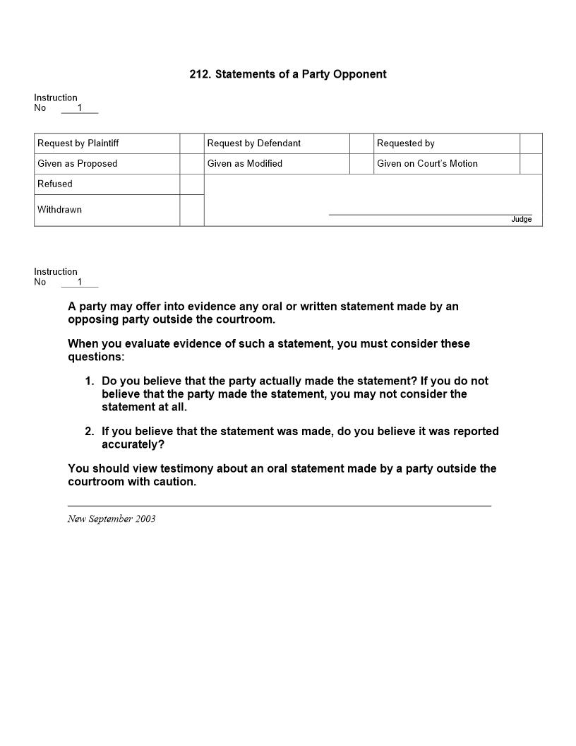 212. Statements of a Party Opponent | Pdf Docx | Jury Instructions