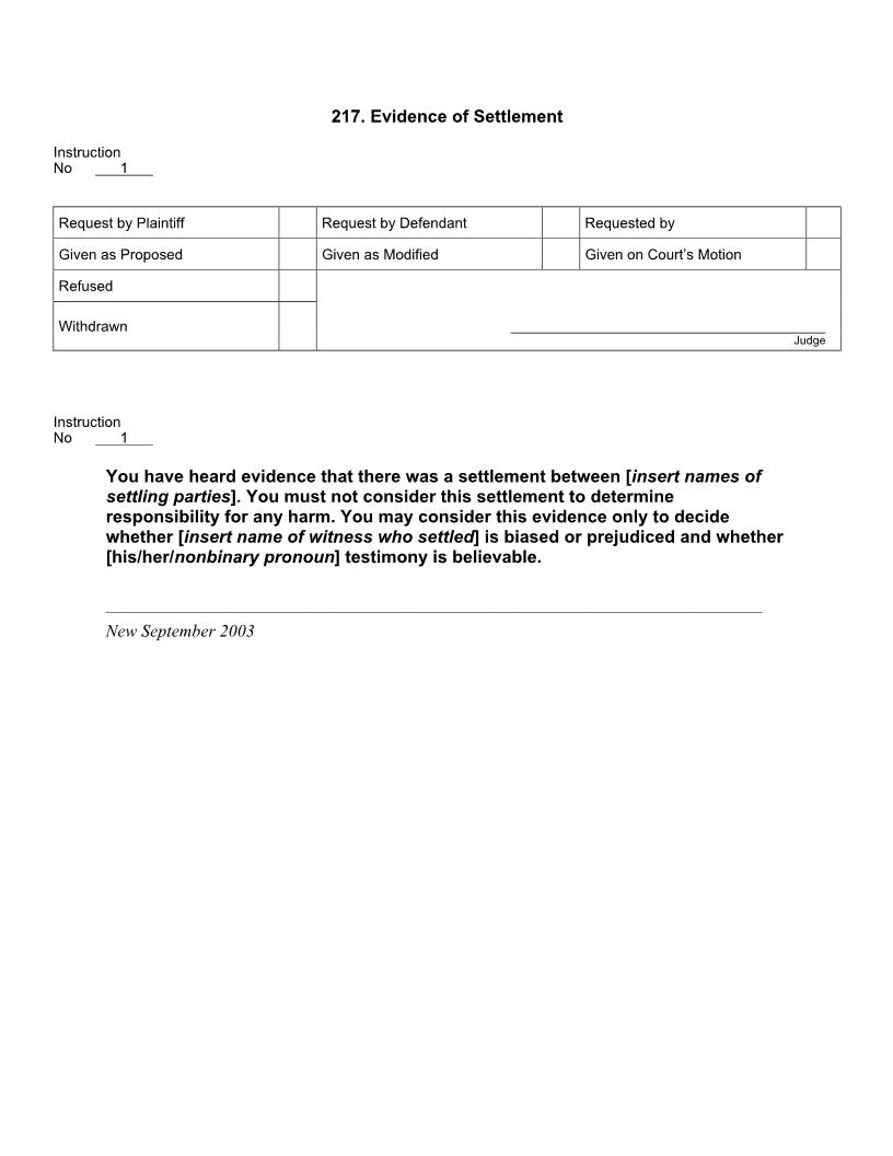217. Evidence of Settlement | Pdf Docx | Jury Instructions