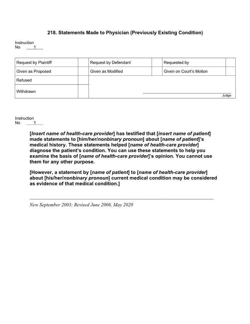 218. Statements Made to Physician (Previously Existing Condition) | Pdf Docx | Jury Instructions