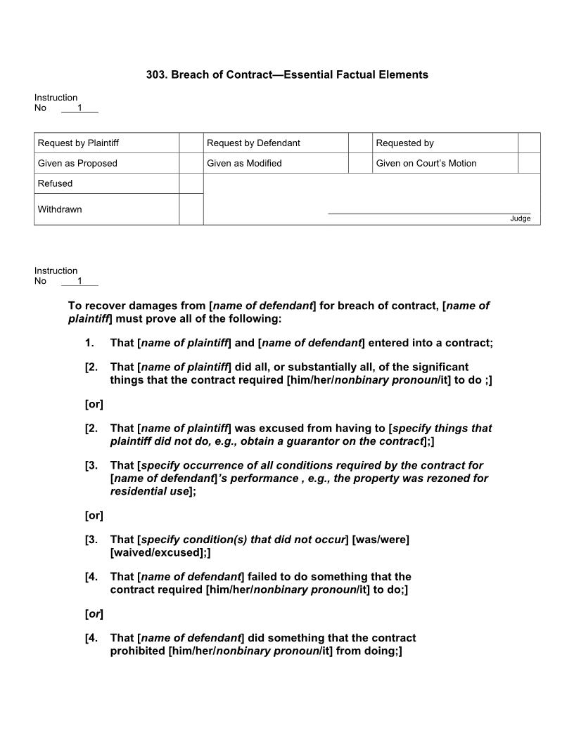303. Breach of Contract Essential Factual Elements | Pdf Docx | Jury Instructions