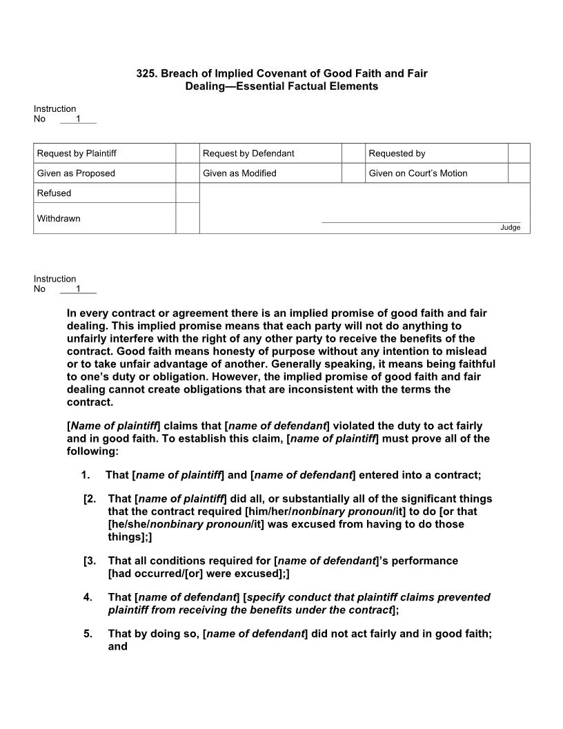 325. Breach Of Implied Covenant Of Good Faith And Fair Dealing Essential Factual Elements | Pdf Doc Docx | Jury Instructions