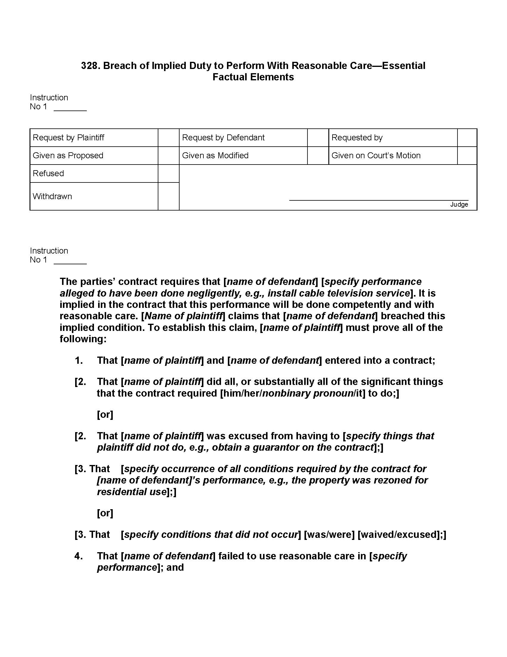 328. Breach Of Implied Duty Perform W-Reasonable Care Essential Factual Elements | Pdf Doc Docx | Jury Instructions