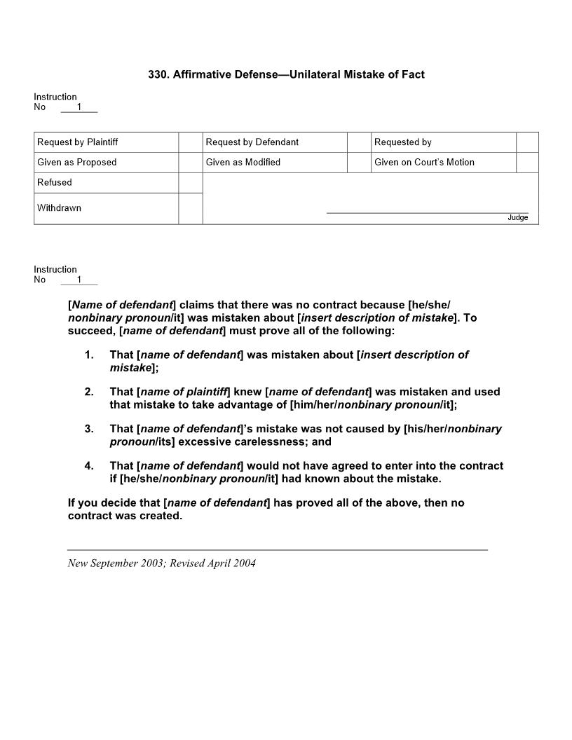 330. Affirmative Defense Unilateral Mistake Of Fact | Pdf Doc Docx | Jury Instructions