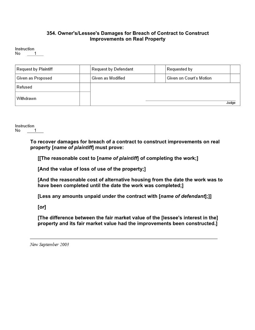 354. Owners Or Lessees Damages For Breach Of Contract To Construct Improvements On Real Property | Pdf Doc Docx | Jury Instructions