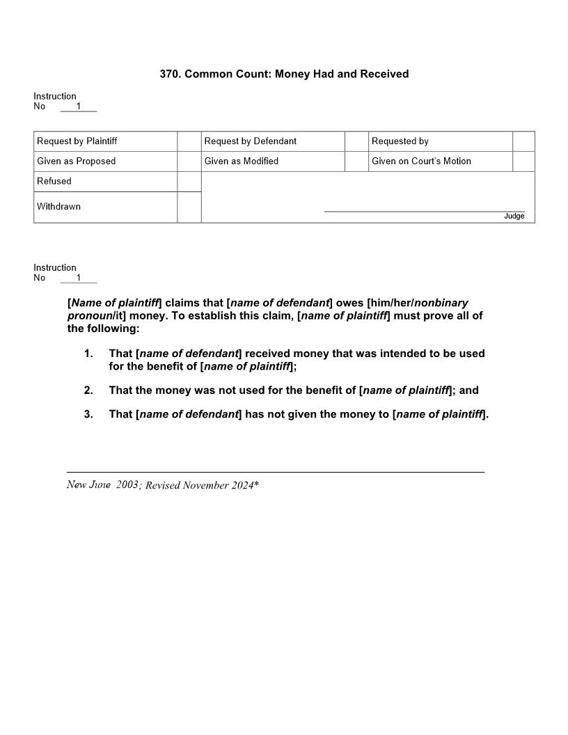 370. Common Count Money Had and Received | Pdf Doc Docx | Jury Instructions
