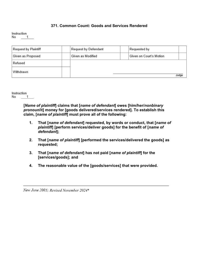 371. Common Count Goods and Services Rendered | Pdf Doc Docx | Jury Instructions