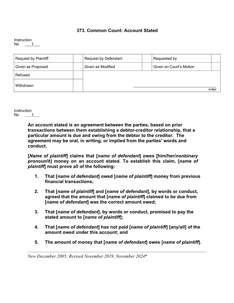 373. Common Count Account Stated | Pdf Doc Docx | Jury Instructions