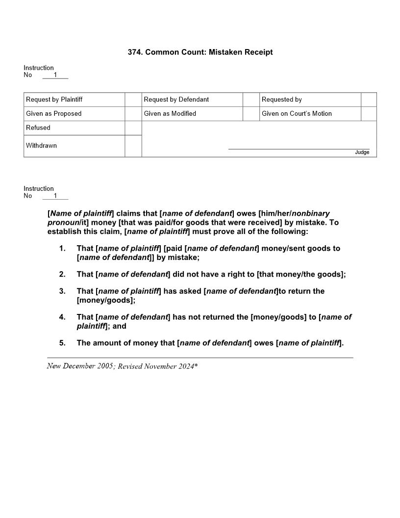 374. Common Count Mistaken Receipt | Pdf Doc Docx | Jury Instructions