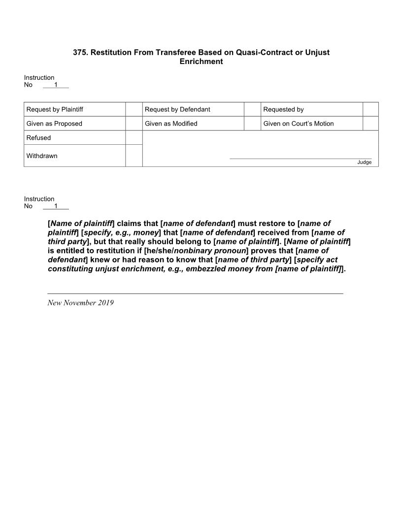 375. Restitution From Transferee Based On Quasi-Contract Or Unjust Enrichment | Pdf Docx | Jury Instructions