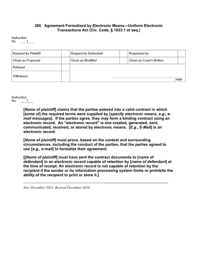 380. Agreement Formalized by Electronic Means Uniform Electronic Transactions Act (Civ. Code, § 1633.1 et seq.) | Pdf Doc Docx | Jury Instructions