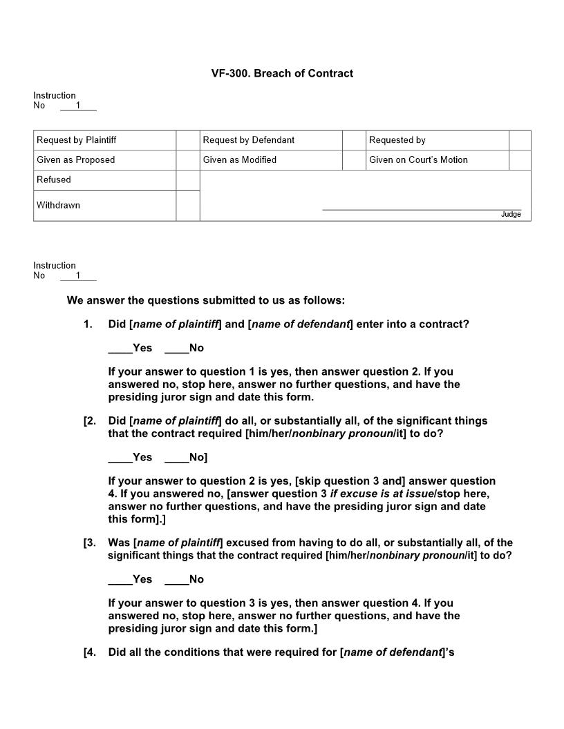 VF 300. Breach Of Contract | Pdf Doc Docx | Jury Instructions