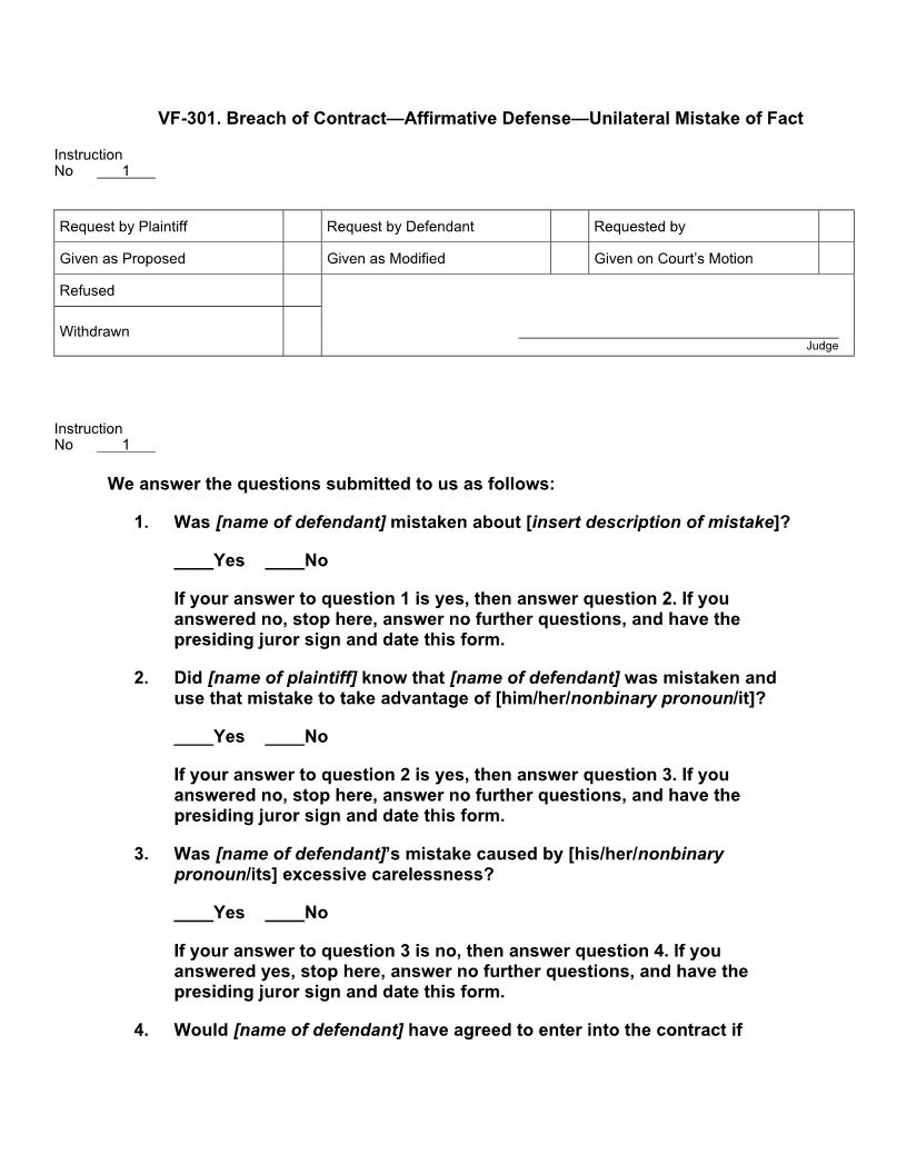 VF 301. Breach Of Contract Affirmative Defense Unilateral Mistake Of Fact | Pdf Doc Docx | Jury Instructions