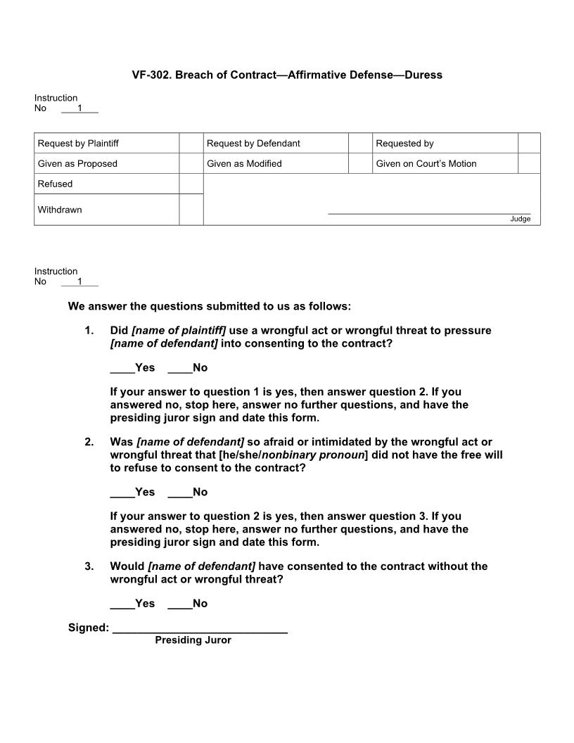 VF 302. Breach Of Contract Affirmative Defense Duress | Pdf Doc Docx | Jury Instructions