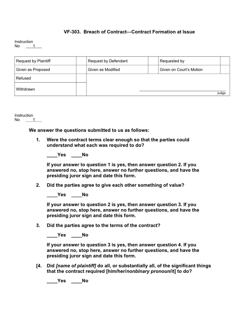 VF 303. Breach Of Contract Contract Formation At Issue | Pdf Doc Docx | Jury Instructions