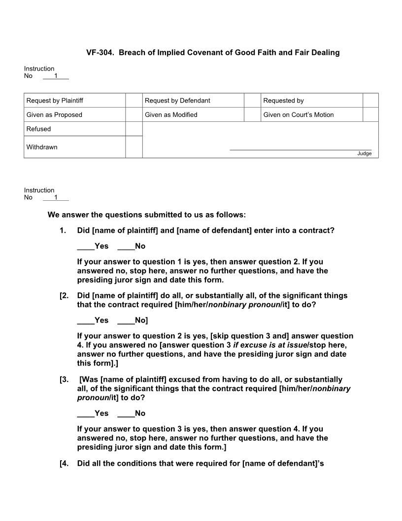 VF 304. Breach Of Implied Covenant Of Good Faith And Fair Dealing | Pdf Doc Docx | Jury Instructions