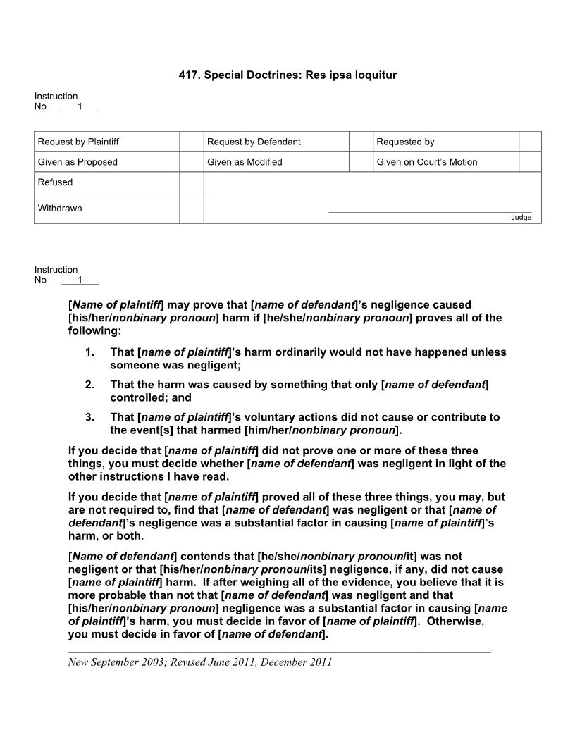 417. Special Doctrines Res ipsa loquitur | Pdf Docx | Jury Instructions