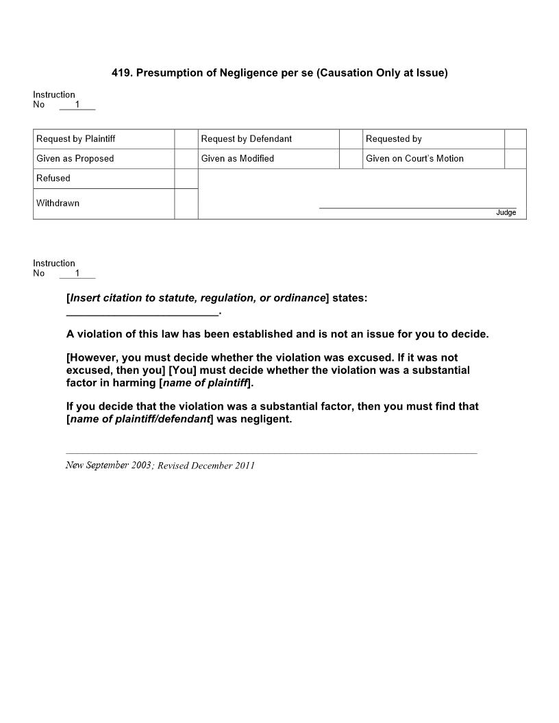 419. Presumption of Negligence per se (Causation Only at Issue) | Pdf Docx | Jury Instructions