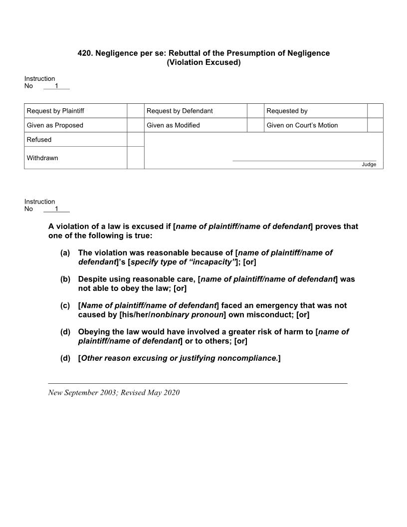 420. Negligence per se Rebuttal of the Presumption of Negligence (Violation Excused) | Pdf Docx | Jury Instructions