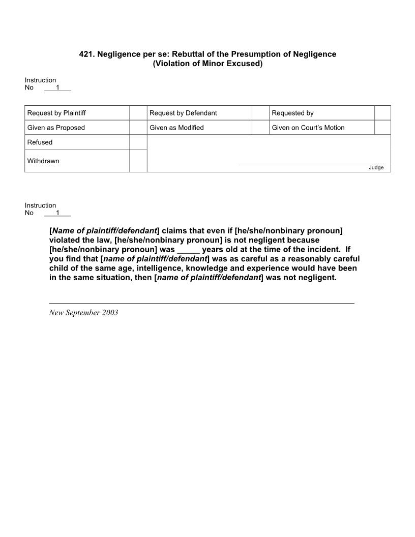 421. Negligence per se Rebuttal of the Presumption of Negligence (Violation of Minor Excused) | Pdf Docx | Jury Instructions