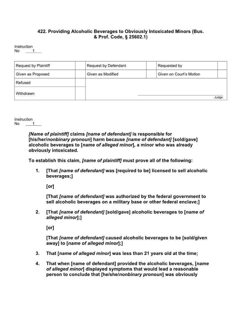 422. Providing Alcoholic Beverages to Obviously Intoxicated Minors (Bus. Prof. Code, 25602.1) | Pdf Docx | Jury Instructions