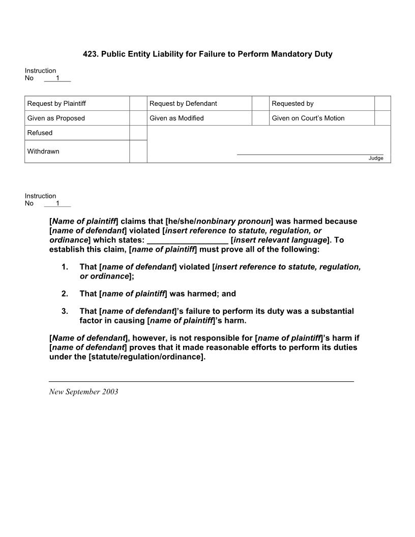 423. Public Entity Liability for Failure to Perform Mandatory Duty | Pdf Docx | Jury Instructions