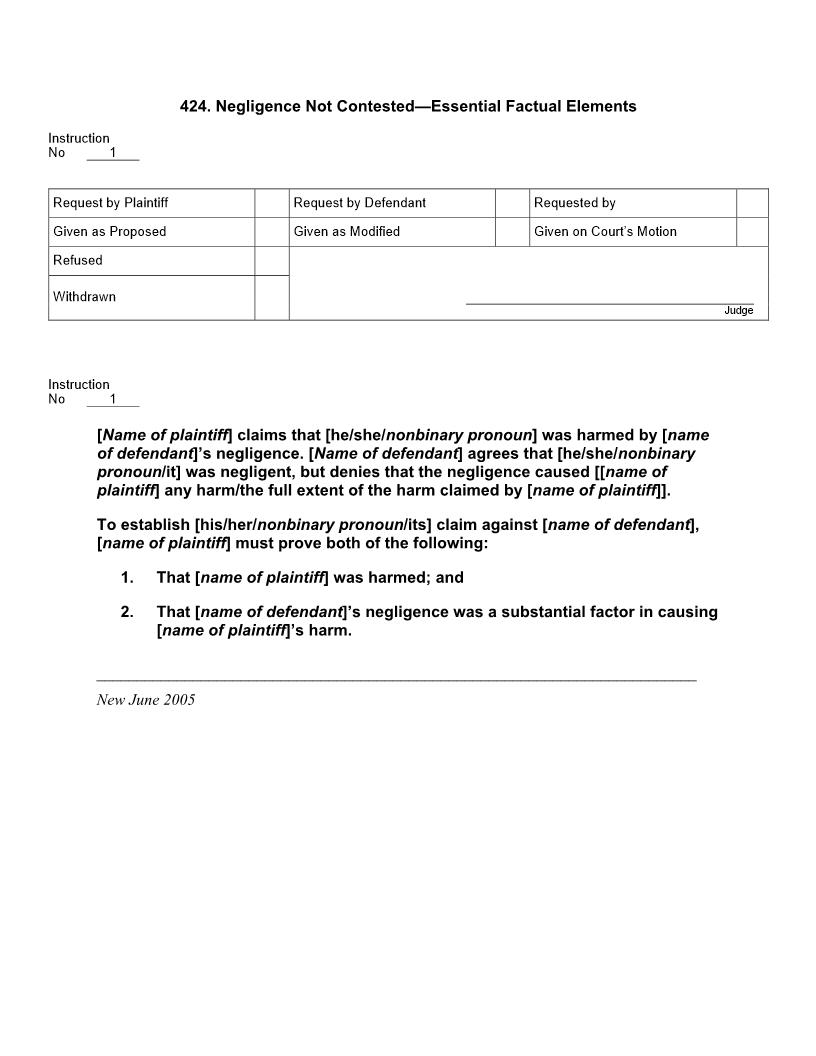 424. Negligence Not Contested Essential Factual Elements | Pdf Docx | Jury Instructions