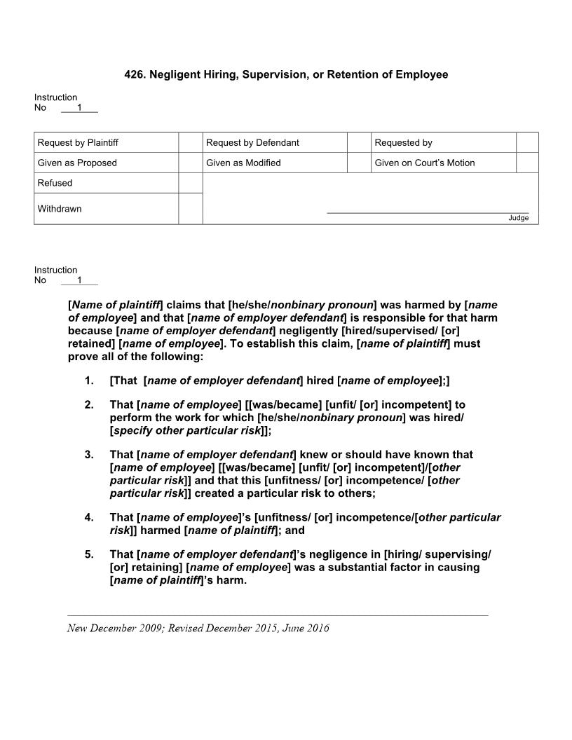 426. Negligent Hiring Supervision Or Retention Of Employee | Pdf Docx | Jury Instructions