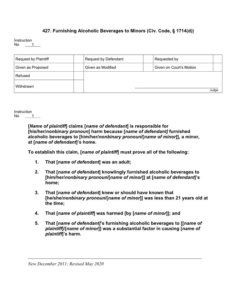 427. Furnishing Alcoholic Beverages to Minors (Civ. Code, 1714(d)) | Pdf Docx | Jury Instructions