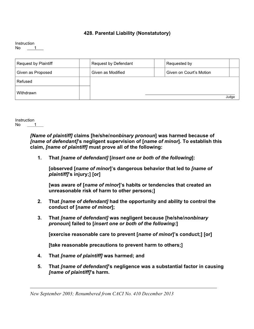 428. Parental Liability (Nonstatutory) | Pdf Docx | Jury Instructions