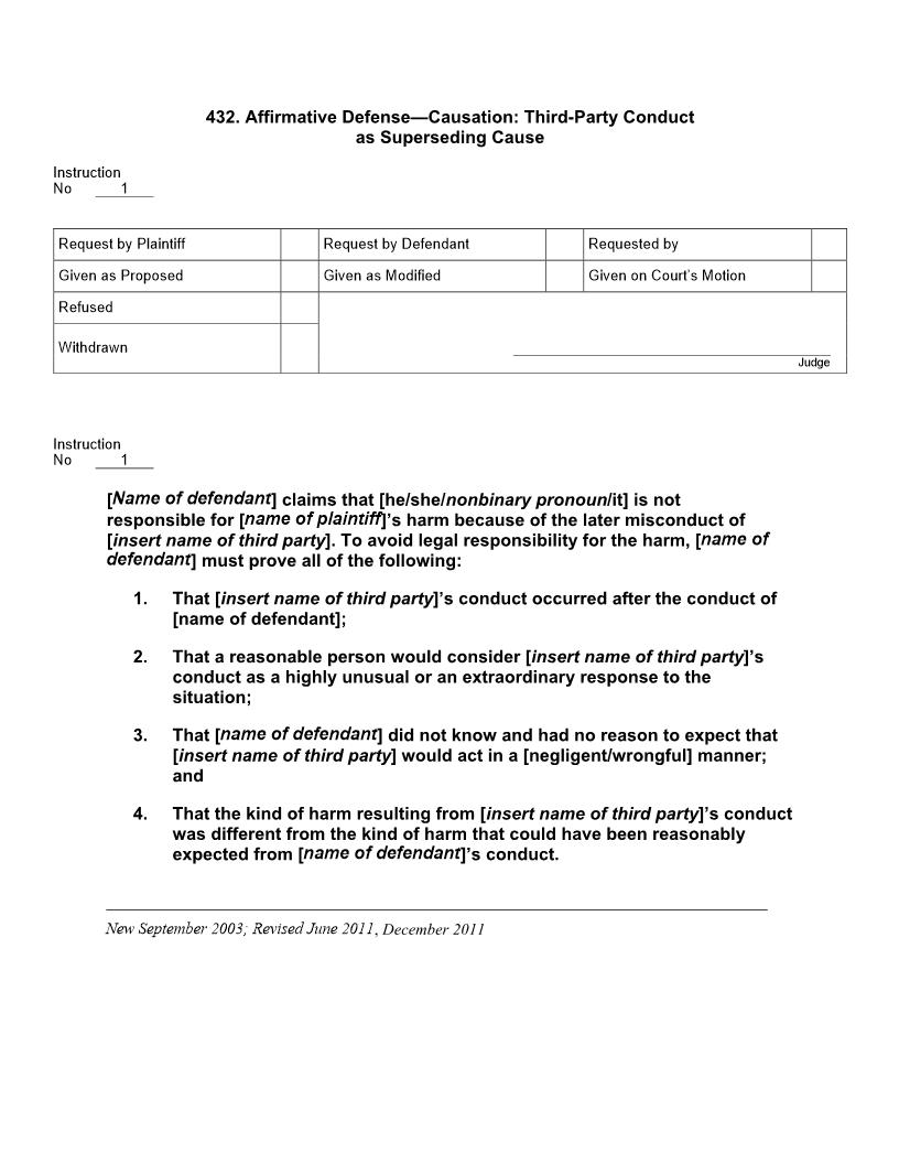 432. Affirmative Defense Causation Third Party Conduct as Superseding Cause | Pdf Docx | Jury Instructions