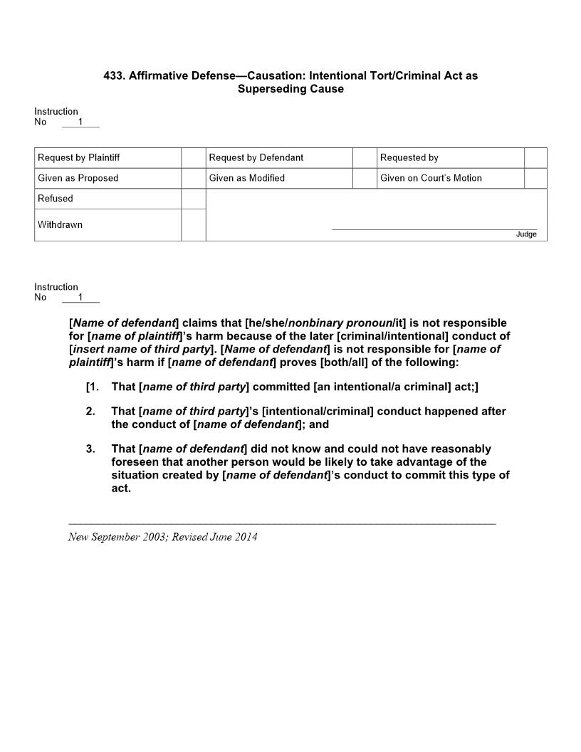 433. Affirmative Defense Causation Intentional Tort or Criminal Act as Superseding Cause | Pdf Docx | Jury Instructions