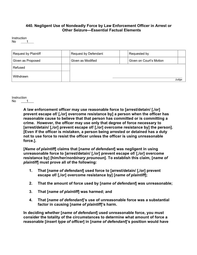 440. Negligent Use Nondeadly Force Arrest Other Seizure Essential Factual Elements | Pdf Docx | Jury Instructions