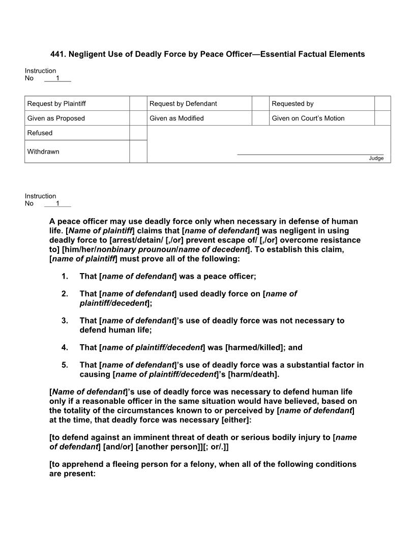 441. Negligent Use Of Deadly Force By Peace Officer Essential Factual Elements | Pdf Docx | Jury Instructions