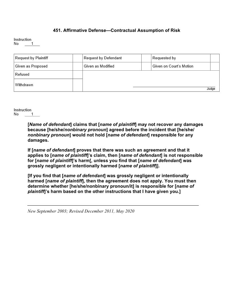 451. Affirmative Defense Contractual Assumption of Risk | Pdf Docx | Jury Instructions
