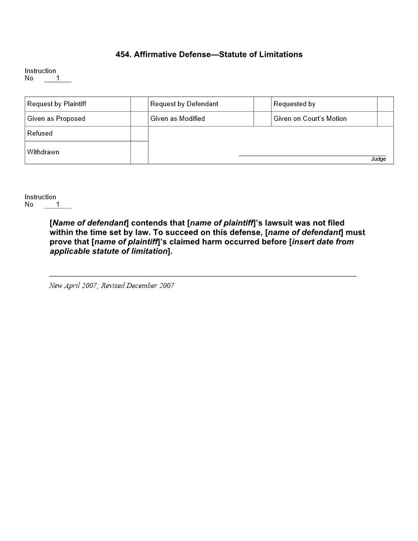 454. Affirmative Defense Statute of Limitations | Pdf Docx | Jury Instructions
