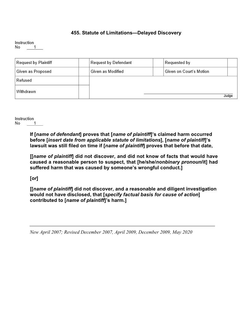 455. Statute of Limitations Delayed Discovery | Pdf Docx | Jury Instructions
