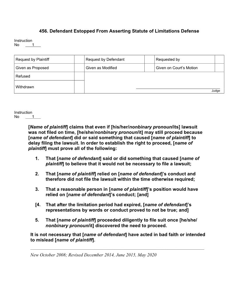 456. Defendant Estopped From Asserting Statute of Limitations Defense | Pdf Docx | Jury Instructions
