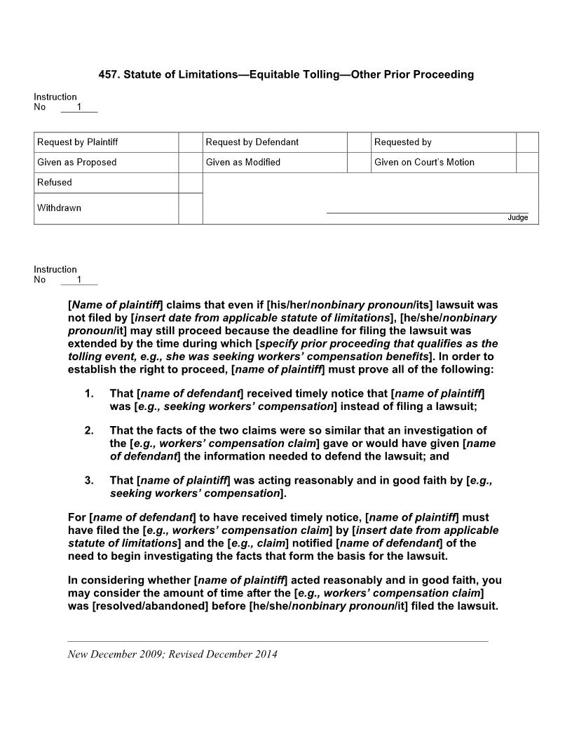 457. Statute of Limitations Equitable Tolling Other Prior Proceeding | Pdf Docx | Jury Instructions