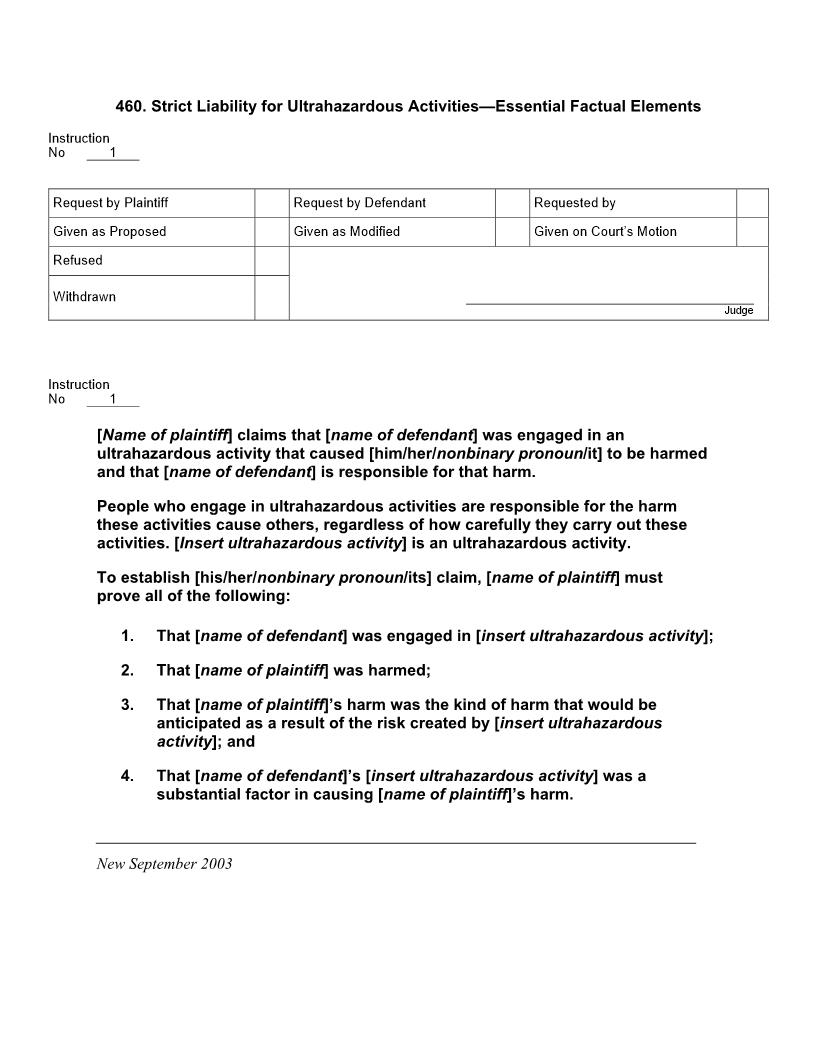 460. Strict Liability for Ultrahazardous Activities Essential Factual Elements | Pdf Docx | Jury Instructions
