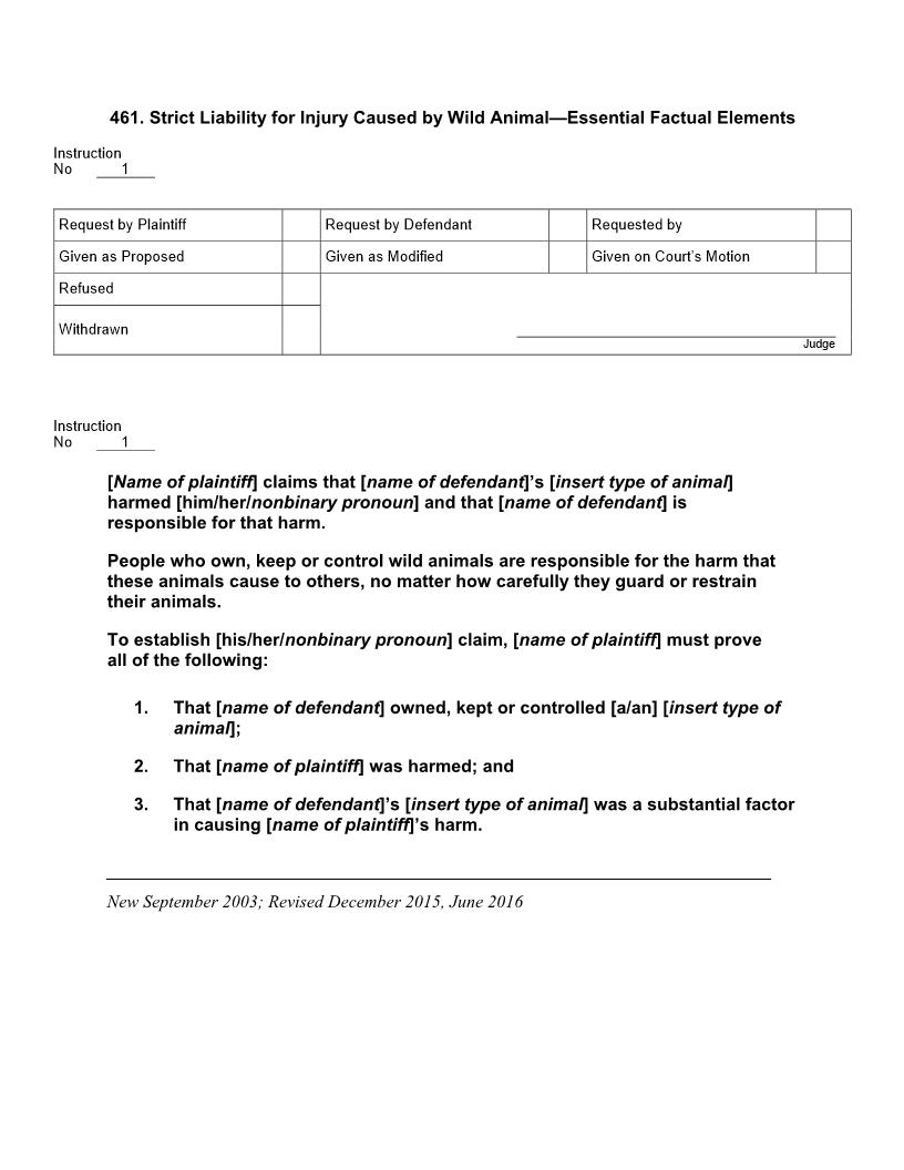 461. Strict Liability for Injury Caused by Wild Animal Essential Factual Elements | Pdf Docx | Jury Instructions