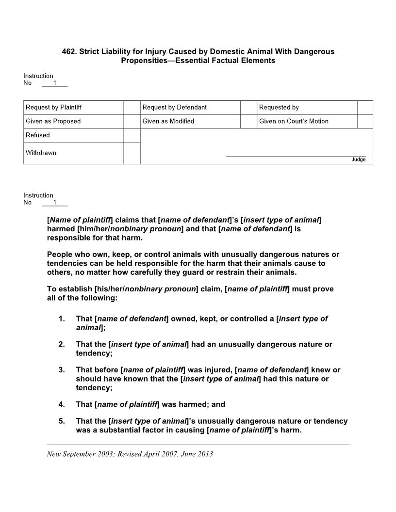 462. Strict Liability for Injury Caused by Domestic Animal With Dangerous Propensities Essential Factual Elements | Pdf Docx | Jury Instructions