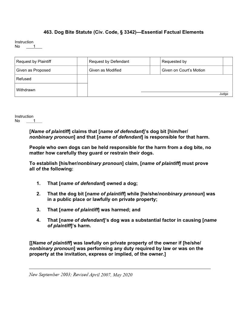 463. Dog Bite Statute (Civ. Code, 3342) Essential Factual Elements | Pdf Docx | Jury Instructions