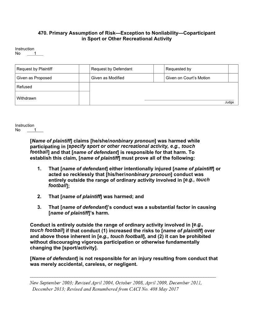 470. Primary Assumption of Risk-Exception to Nonliability-Coparticipant in Activity | Pdf Docx | Jury Instructions