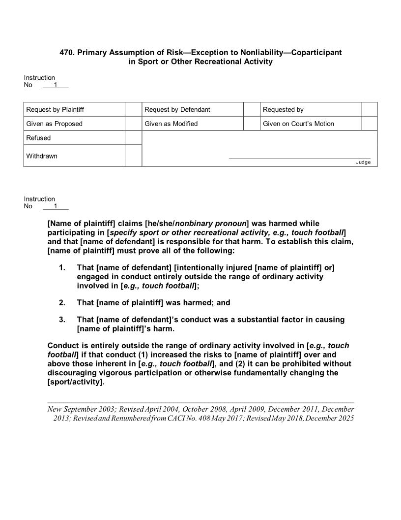 470. Primary Assumption of Risk-Exception to Nonliability-Coparticipant in Activity | Pdf Docx | Jury Instructions