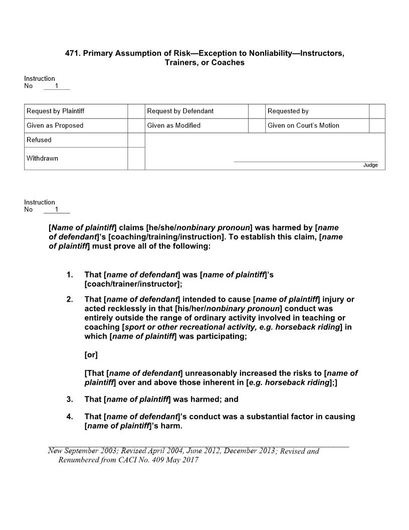 471. Primary Assumption of Risk-Exception to Nonliability-Instructors Trainers or Coaches | Pdf Docx | Jury Instructions