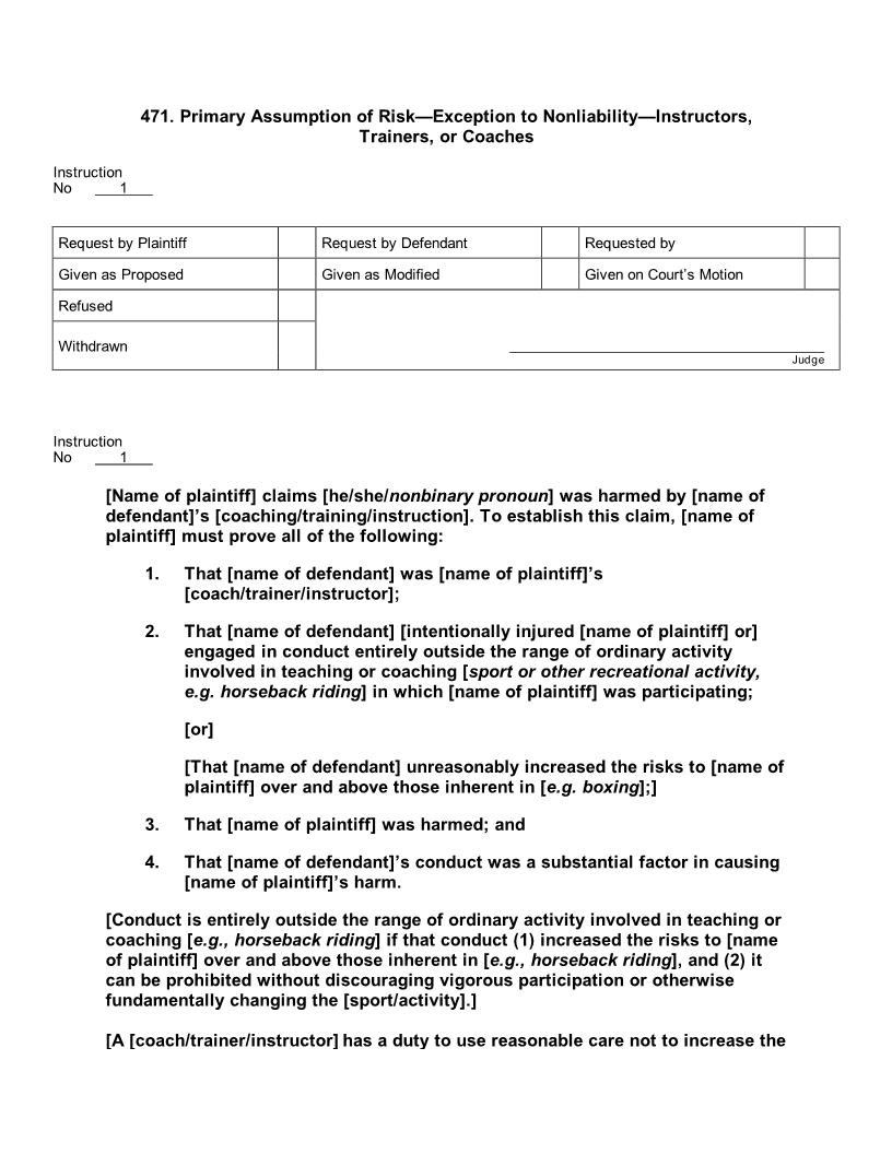 471. Primary Assumption of Risk-Exception to Nonliability-Instructors Trainers or Coaches | Pdf Docx | Jury Instructions