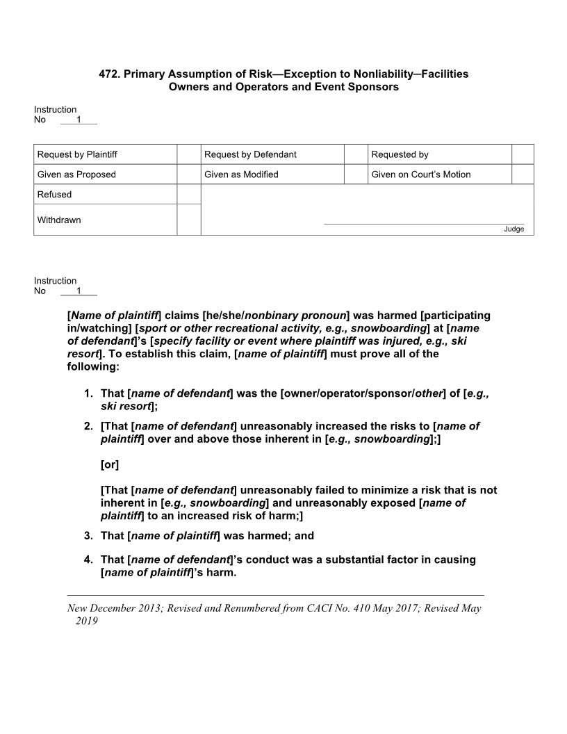 472. Primary Assumption of Risk-Exception to Nonliability-Facilities Owners Operators Event Sponsors | Pdf Docx | Jury Instructions