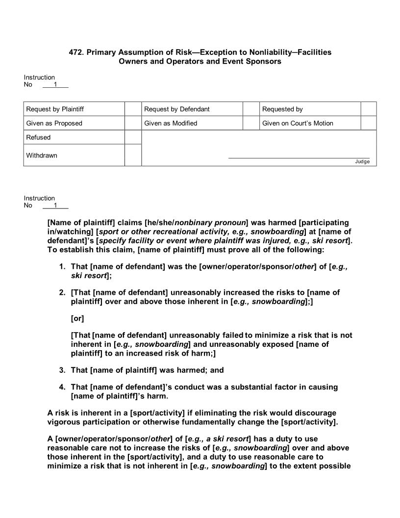 472. Primary Assumption of Risk-Exception to Nonliability-Facilities Owners Operators Event Sponsors | Pdf Docx | Jury Instructions