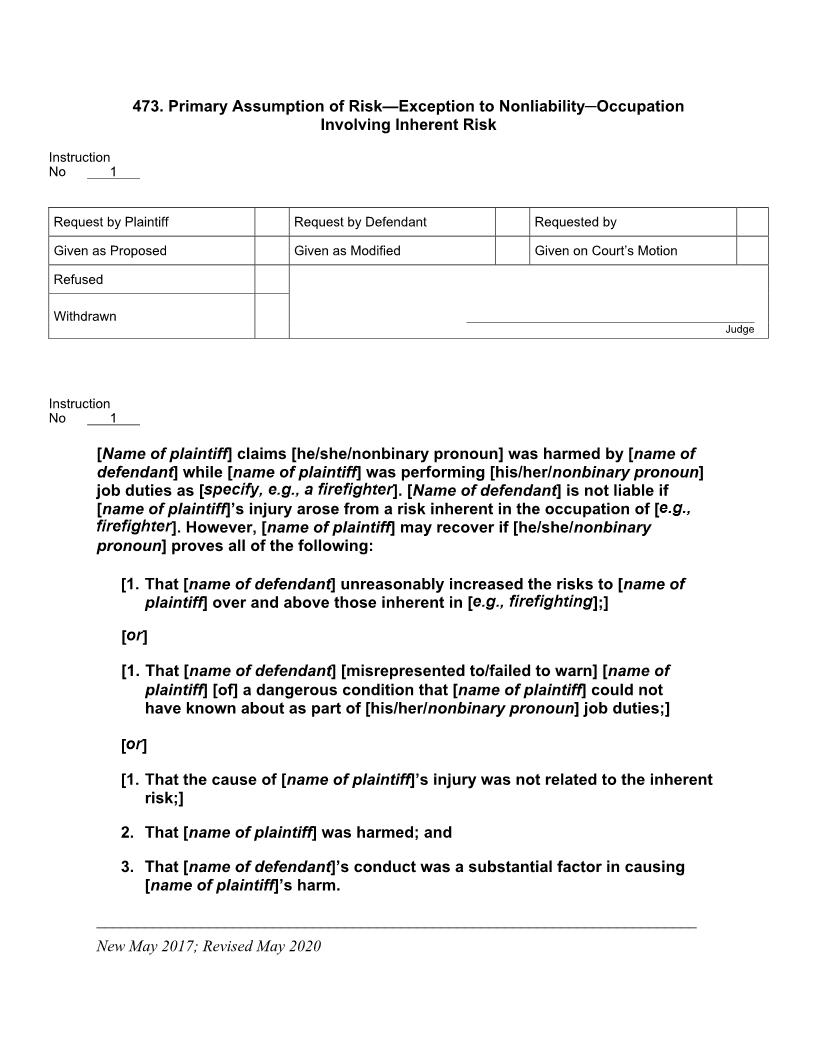 473. Primary Assumption of Risk-Exception to Nonliability-Occupation Involving Inherent Risk | Pdf Docx | Jury Instructions